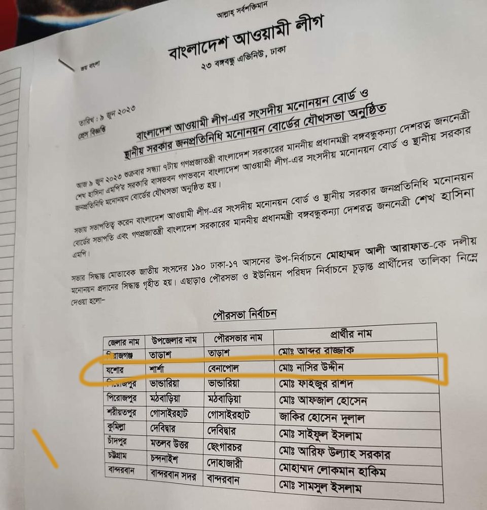 বেনাপোল পৌরসভা নির্বাচনে নৌকার মাঝি নাসির উদ্দিন