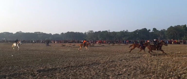 শীতকে উপেক্ষা করে হৈবতপুরে ঘোড়াদৌড় দেখতে জনতার ঢল
