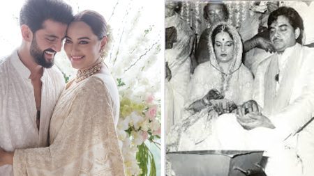 সোনাক্ষীর বিয়ের শাড়িটি তার মা পুনমের। মা পুনম নিজের বিয়েতে এই শাড়িটিই পরেছিলেন। ছবি: সংগৃহীত