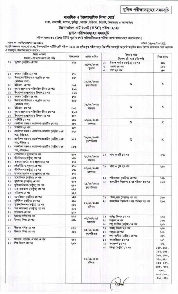 এইচএসসির স্থগিত পরীক্ষার সূচি প্রকাশ