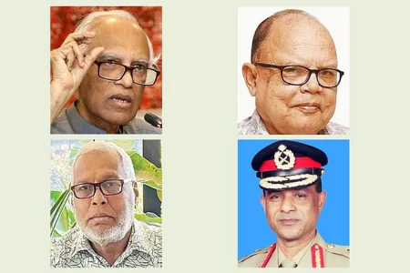উপরে বাঁ থেকে ওয়াহিদউদ্দিন মাহমুদ ও আলী ইমাম মজুমদার; নিচে বাঁ থেকে মুহাম্মদ ফাওজুল কবির খান ও সাবেক লেফটেন্যান্ট জেনারেল (অব.) জাহাঙ্গীর আলম চৌধুরী ছবি : সংগৃহীত