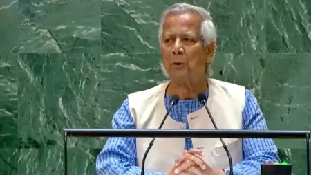 জাতিসংঘে ভাষণ দিচ্ছেন প্রধান উপদেষ্টা অধ্যাপক ড. মুহাম্মদ ইউনূস। ছবি: সংগৃহীত