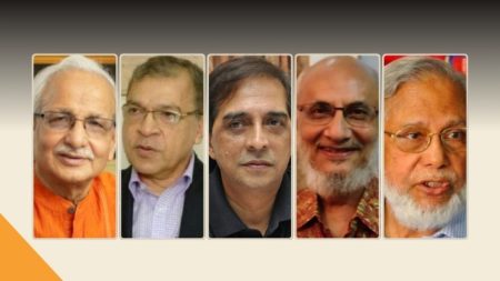 বাঁ থেকে- বদিউল আলম মজুমদার, ড. ইফতেখারুজ্জামান, শাহদীন মালিক, আবদুল মুয়ীদ চৌধুরী, শাহ আবু নাঈম মমিনুর রহমান।