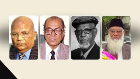 সাবেক সিইসি (বাঁ থেকে)- বিচারপতি এম এ আজিজ, বিচারপতি সুলতান হোসেন খান, বিচারপতি এ কে এম সাদেক ও বিচারপতি আবদুর রউফ।