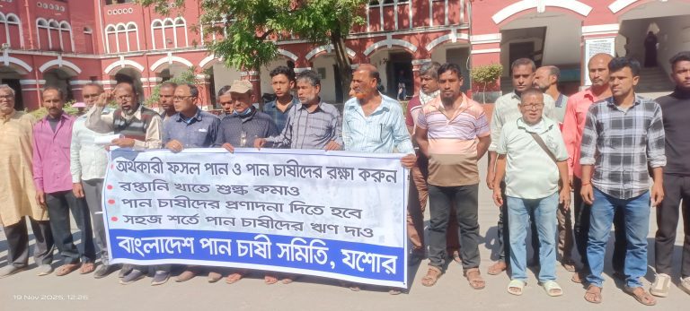 যশোরে ১০ দফা দাবিতে পান চাষিদের মানববন্ধন ও স্মারকলিপি প্রদান