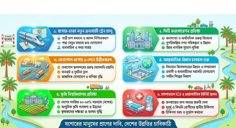 নিজস্ব প্রতিবেদক আজ যশোর আসছেন প্রধানমন্ত্রী তারেক রহমান। তার আগমন ঘিরে কাক্সিক্ষত উন্নয়ন থেকে বঞ্চিত থাকা যশোর এখন নতুন করে স্বপ্ন দেখছেন। স্থানীয়দের ভাষ্য, যশোরবাসীর কাছে উন্নয়নের অবিসংবাদিত কারিগর হলেন মরহুম তরিকুল ইসলাম। শহীদ জিয়া ও বেগম খালেদা জিয়ার শাসনামলে যশোরের জন্য যা কিছু দৃশ্যমান উন্নয়ন হয়েছে, তার প্রতিটি উন্নয়নে মিশে আছে তরিকুল ইসলামের অবদান। বর্তমান প্রধানমন্ত্রী তারেক রহমানও সেই ঐতিহ্যের প্রতি শ্রদ্ধাশীল। বিশেষ করে তরিকুল ইসলামের পুত্র অনিন্দ্য ইসলাম অমিত বর্তমানে বিদ্যুৎ ও জ্বালানি প্রতিমন্ত্রীর দায়িত্বে থাকায় স্থানীয় বাসিন্দাদের প্রত্যাশা এখন আকাশচুম্বী। যশোরবাসী মনে করে, বাবার আদর্শ ও কর্মস্পৃহাকে ধারণ করে অনিন্দ্য ইসলাম অমিতের মাধ্যমেই প্রধানমন্ত্রী তারেক রহমান যশোরের অসমাপ্ত কাজগুলো সম্পন্ন করবেন। সেই বিবেচনায় প্রধানমন্ত্রী হিসেবে দায়িত্ব গ্রহণের পর তারেক রহমানের প্রথম যশোর সফরে উন্নয়নের পথরেখা দেখতে চান যশোরের বাসিন্দারা। ঐতিহাসিকভাবে যশোর একটি অত্যন্ত গুরুত্বপূর্ণ জেলা হওয়া সত্ত্বেও বিগত ১৭ বছরে এখানে কাক্সিক্ষত উন্নয়ন হয়নি বলে দাবি করা হয়েছে। প্রধানমন্ত্রীর এই সফরকে কেন্দ্র করে স্থানীয় বিভিন্ন সংগঠন জেলা প্রশাসকের মাধ্যমে স্মারকলিপি প্রদান এবং মানববন্ধনের মাধ্যমে দীর্ঘদিনের দাবি-দাওয়া তুলে ধরেছে। যশোরবাসীর প্রধান দাবির মধ্যে রয়েছে, বেনাপোল-যশোর-ঢাকা রুটে নতুন ট্রেন চালু, যশোর পৌরসভাকে সিটি করপোরেশনে উন্নীতকরণ, বেনাপোল-যশোর-নড়াইল মহাসড়ক ছয় লেনে উন্নীত করা, যশোর বিমানবন্দর থেকে আন্তর্জাতিক ফ্লাইট চালু, আন্তর্জাতিক মানের ক্রিকেট স্টেডিয়াম নির্মাণ, জেনারেল হাসপাতালে আইসিইউ ও ডায়ালাইসিস সুবিধা, কৃষি বিশ্ববিদ্যালয় ও সংস্কৃতি বিশ্ববিদ্যালয় প্রতিষ্ঠা। তৎকালীন আওয়ামী লীগের নেতৃত্বাধীন সরকারের কাছে বিভিন্ন সময় এসব দাবি উত্থাপন করা হয়েছে। কিন্তু আশ্বাস মিললেও বাস্তবায়ন হয়নি। এরমধ্যে গত এক দশক আগে তৎকালীন প্রধানমন্ত্রী শেখ হাসিনা যশোরকে সিটি করপোরেশন ঘোষণা করার প্রতিশ্রুতি দিয়েছিলেন। কিন্তু সেই প্রতিশ্রুতি পূরণ হয়নি। বৃহত্তর যশোর রেল যোগাযোগ উন্নয়ন সংগ্রাম কমিটির সদস্য সচিব ইঞ্জিনিয়ার রুহুল আমিন বলেন, বেনাপোল-যশোর-নড়াইল-ঢাকা রুটে আরও একটি ট্রেন চলাচলসহ পাঁচ দফা দাবি জানানো হচ্ছে দীর্ঘদিন ধরে। তাদের দীর্ঘদিনের দাবি, বেনাপোল-যশোর-নড়াইল-ঢাকা রুটে আরো একটা নতুন ট্রেন চলাচলের। ভোর বেলা যশোর থেকে ঢাকার উদ্দেশ্যে একটি নতুন ট্রেন চলাচল করলে এই জনপদের মানুষ বাড়ি থেকে ঢাকায় যেয়ে অফিস বা কাজ করতে পারবেন। ওই ট্রেনটি রাতে যশোরের উদ্দেশ্যে ফিরলে ঢাকায় কাজ সেরে বাড়িতে আসতে পারবেন। বিগত বছরগুলোতে এ দাবিতে আন্দোলন করা হয়েছে। কিন্তু শুধু আশ্বাস মিলেছে। সম্প্রতি যশোর-৩ আসনের এমপি এবং বিদ্যুৎ, জ¦ালানি ও খনিজ সম্পদ প্রতিমন্ত্রী অনিন্দ্য ইসলাম অমিতকেও স্মারকলিপি দিয়েছি। সর্বশেষ ২১ এপ্রিল জেলা প্রশাসকের মাধ্যমে প্রধানমন্ত্রী বরাবর স্মারকলিপি দিয়েছি। এদিকে, গত ২৩ এপ্রিল দুপুরে প্রেসক্লাব যশোরের সামনে ‘নিরাপদ সড়ক চাই’ (নিসচা ও ‘জাতীয় তরুণ সংঘ’ যশোর জেলা শাখার যৌথ উদ্যোগে প্রধানমন্ত্রীর আগমন উপলক্ষে দাবি উত্থাপন করে মানববন্ধন করা হয়েছে। মানববন্ধনে প্রধান অতিথি হিসেবে উপস্থিত ছিলেন জাতীয় তরুণ সংঘের প্রতিষ্ঠাতা চেয়ারম্যান আলহাজ মোহাম্মদ ফজলুল হক। তিনি যশোর-বেনাপোল মহাসড়ক ছয় লেনে উন্নীতকরণ, যশোর বিমানবন্দরকে আন্তর্জাতিক মানে রূপান্তর, যশোরকে পর্যটন নগরী ঘোষণা, বসুন্দিয়াকে ইপিজেড থানা ঘোষণা, আন্তর্জাতিক মানের ক্রিকেট স্টেডিয়াম নির্মাণ এবং একটি আধুনিক শিশু পার্ক স্থাপনের দাবি জানান। ‘নিরাপদ সড়ক চাই’ যশোর জেলা শাখার সভাপতি অ্যাডভোকেট আবু মুরাদ বলেন, ঐতিহাসিকভাবে গুরুত্বপূর্ণ জেলা হওয়া সত্ত্বেও যশোর উন্নয়নে পিছিয়ে আছে। এসব দাবি বাস্তবায়িত হলে শুধু যশোর নয়, দক্ষিণ-পশ্চিমাঞ্চলের অন্তত ২২টি জেলার মানুষ উপকৃত হবে। যশোর সংবাদপত্র পরিষদের সভাপতি প্রবীণ সম্পাদক বীরমুক্তিযোদ্ধা একরাম-উদ-দ্দৌলা বলেন, যশোরের সবজি দিয়ে দেশের চাহিদার ৬০-৬৫ ভাগ চাহিদা পূরণ হয়। কিন্তু এখানকার কৃষি অবহেলিত। যশোরবাসী দীর্ঘদিন ধরে এখানে কৃষি বিশ্ববিদ্যালয় প্রতিষ্ঠার দাবি করে আসছেন। আমরা এ বিষয়ে প্রধানমন্ত্রীর দৃষ্টি আকর্ষণ করছি। এছাড়া যশোর পৌরসভাকে সিটি করপোরেশন ঘোষণা এবং বেনাপোল-যশোর-নড়াইল-ঢাকা রুটে পদ্মাসেতু দিয়ে নতুন একটা ট্রেন চলাচলের দাবি পূরণ হবে এমন প্রত্যাশা করছি। যশোর জেলা বিএনপির সাধারণ সম্পাদক ও জেলা পরিষদ প্রশাসক দেলোয়ার হোসেন খোকন বলেন, তারেক রহমান যশোরে নির্বাচনী জনসভায় এলে বিএনপির খুলনা বিভাগীয় সাংগঠনিক সম্পাদক অনিন্দ্য ইসলাম অমিত তাকে যশোরের উন্নয়ন বঞ্চনা ও নাগরিকদের দাবির বিষয়ে অবহিত করেছিলেন। অর্থাৎ প্রধানমন্ত্রী হওয়ার আগেই তিনি যশোরের দাবি-দাওয়ার অধিকাংশ বিষয় অবহিত রয়েছেন। বর্তমানে প্রতিমন্ত্রী অনিন্দ্য ইসলাম অমিত নিশ্চয়ই সেগুলো স্মরণ করিয়ে দিবেন। অতীতের প্রধানমন্ত্রীর মতো লোকদেখানো প্রতিশ্রুতিতে বিশ্বাসী নয় বর্তমান প্রধানমন্ত্রী তারেক রহমান। তবে আমরা আশা করছি, যশোরবাসীর প্রত্যাশা তিনি ধারণ করেন এবং ধারাবাহিকভাবে সেগুলো পূরণ করবেন।